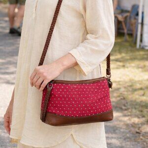 Brighton Red Canvas Leather Crossbody Bag Braided Strap Vintage Y2K